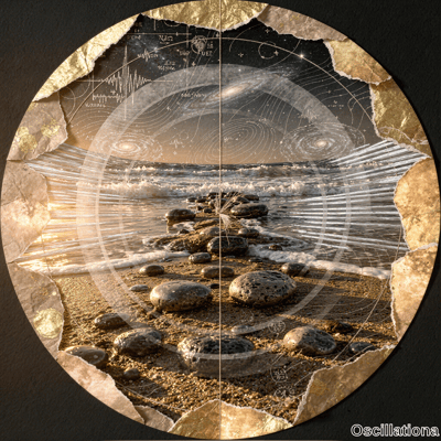 Circular art with torn gold border on dark background beach with stones and waves at sunset and galaxies with diagrams linked by concentric circles.
.