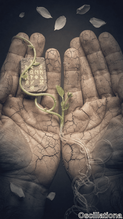 Surreal close-up of two massive, cracked, clay-like hands cupped palms-up, cradling a mos…