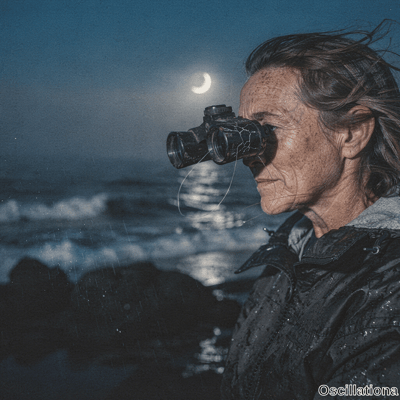 Middle-aged weathered woman in profile on stormy coast at night gazes through cracked bin…