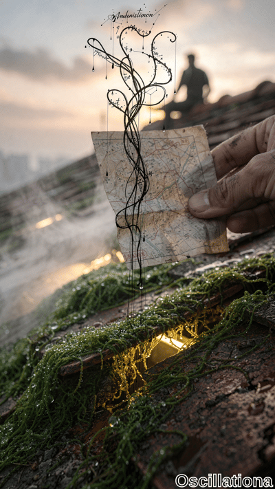 Surreal golden-hour close-up on weathered rooftop: gnarled hand grips tattered yellowed m…