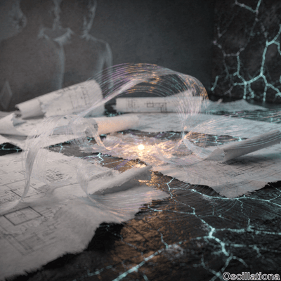 A surreal abstract scene with a dark, cracked surface background, scattered with curling,…