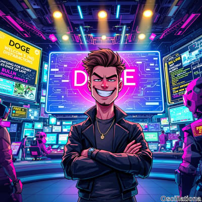 A smug cartoon character with spiky hair stands confidently in a high-tech control room, …