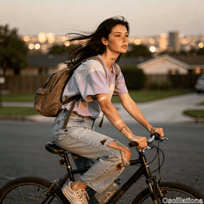 Young freckled woman with wind-swept black hair, neck tattoo, and toned arms rides gritty…