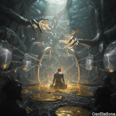 A mystical scene with a central figure in lotus pose on a golden platform, radiating a mu…