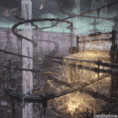 A futuristic dystopian cityscape with intertwining elevated tracks and towering structure…