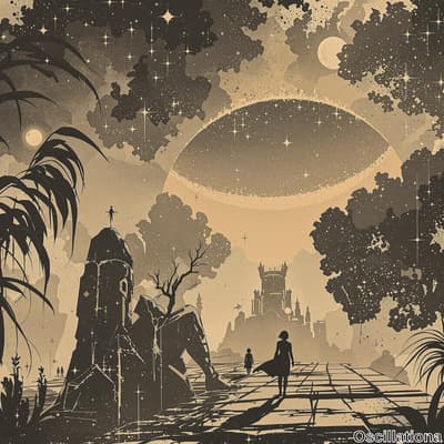 Two silhouetted figures, an adult and a child, walk towards a distant, mist-shrouded cast…