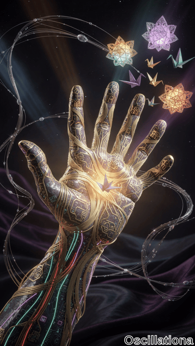 A futuristic hand with intricate, circuit-like patterns and glowing lines in green, red, …