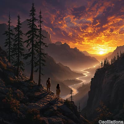 Two indigenous figures in traditional attire stand on a rocky outcrop, overlooking a vast…