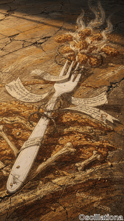 Hyperrealistic trompe-l'œil on cracked arid earth in browns, oranges, tans: giant white K…