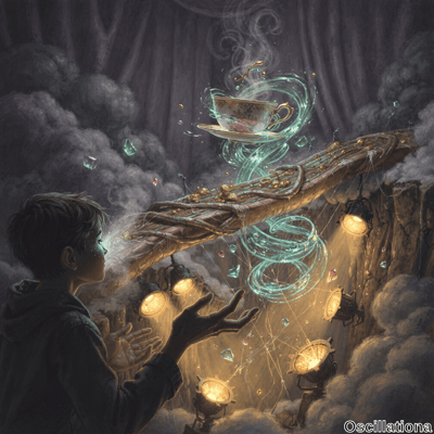 A young person in dark clothing gazes upward in awe at a levitating, ornate teacup emitti…