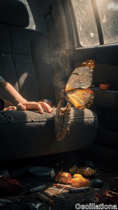 A vibrant butterfly with gold, blue, and orange wings emerges from a rough cocoon on a ca…
