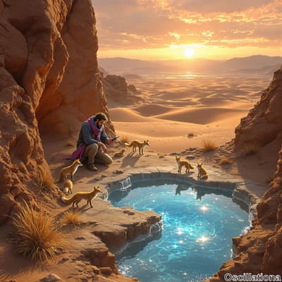 A man in a blue jacket and colorful scarf sits on a rocky outcrop beside a clear pool in …