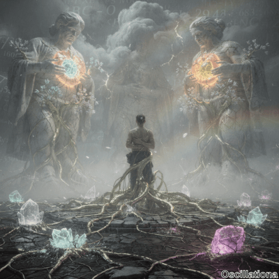 A mystical scene with a central figure on a cracked stone surface, facing two ancient sta…