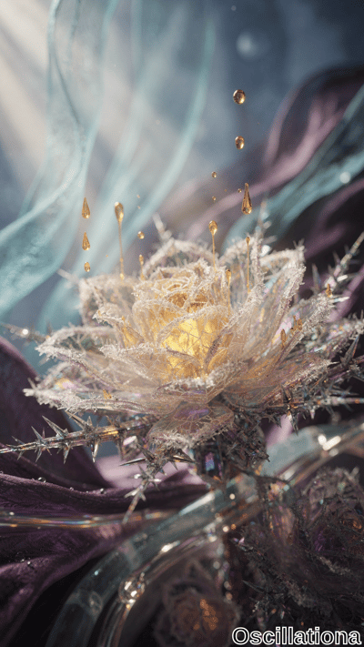 A fantastical flower with large, crystalline petals in shades of white, light pink, and p…
