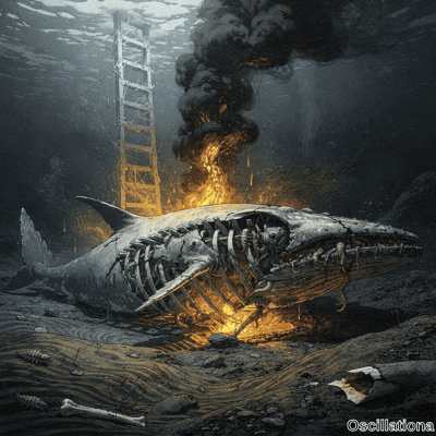Massive decaying biomechanical whale split open on the seabed burning with orange flames …