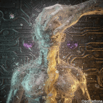 A surreal digital art piece showing a semi-transparent, crystalline humanoid figure with …