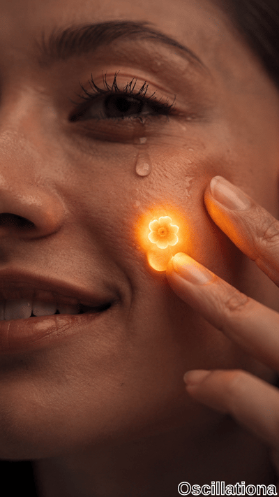 A close-up of a person's face with a glowing orange-yellow flower-like object on the chee…