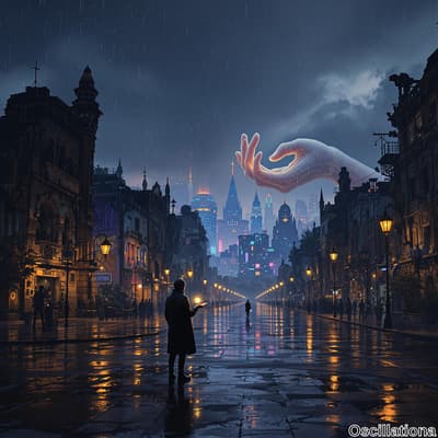 A person in a dark coat stands on a wet cobblestone street at night, holding a glowing ob…