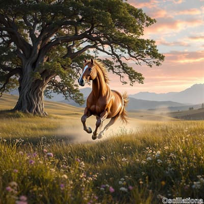 A brown horse with a white blaze on its face gallops freely across a lush, grassy field w…