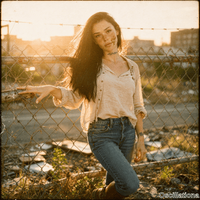Freckled woman with dark windswept hair and snake neck tattoo leans on barbed wire fence …
