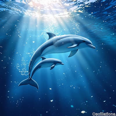 Two dolphins, one larger and one smaller, swim gracefully in an underwater scene, suggest…
