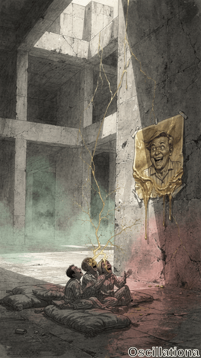 Haunting ink-wash artwork of ruined concrete atrium with cracked walls, pillars, rebar, m…