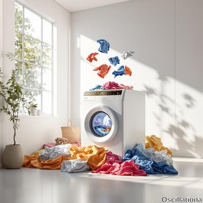 A modern white washing machine with a circular glass door displays a colorful mix of blue…