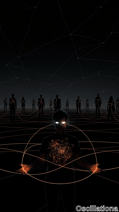A central figure stands illuminated by intricate glowing orange geometric patterns on the…