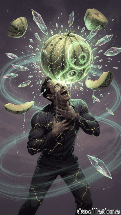 A man in a black outfit with golden kintsugi cracks strikes a dramatic pose, mouth open a…