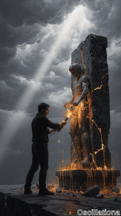A man in dark attire stands on a stone platform under a stormy sky, confronting a cracked…