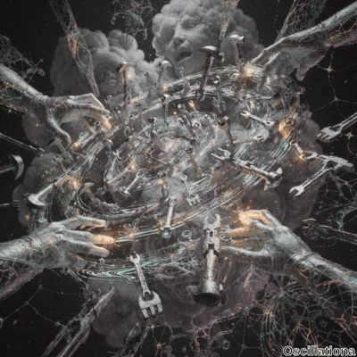 Surreal digital artwork depicting chaotic scene with large, metallic hands reaching into …