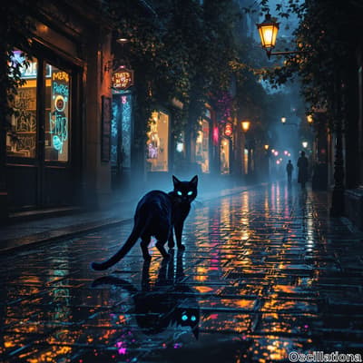 A black cat with glowing blue eyes walks on a wet cobblestone street under old-fashioned …