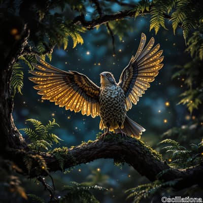 A majestic bird with wings spread wide perches on a moss-covered branch, its feathers int…