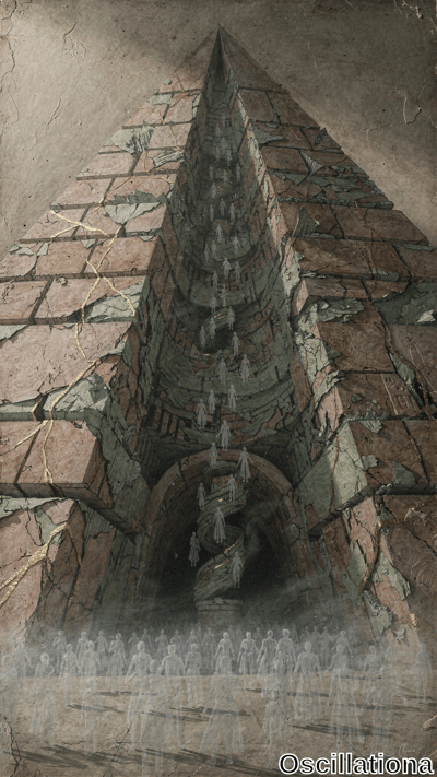 Surreal digital artwork of inverted pyramid temple interior from below: weathered red-bro…