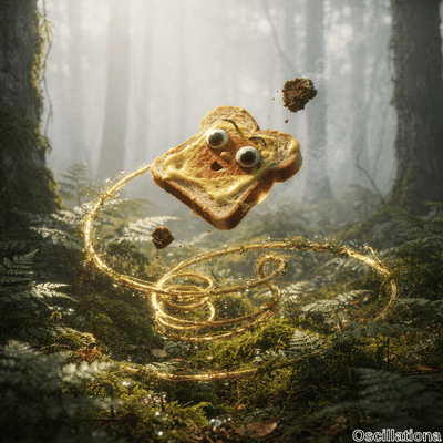 A whimsical 3D-rendered grilled cheese sandwich with large googly eyes, wide surprised or…