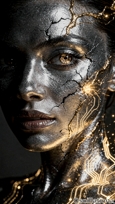 A close-up of a human face and neck transformed into a cracked, metallic surface with dar…