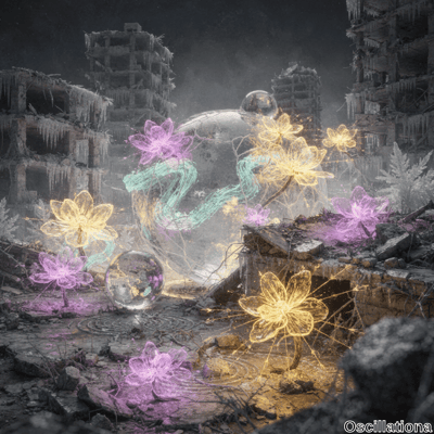 A surreal post-apocalyptic scene with ruined, frost-covered buildings in the background, …