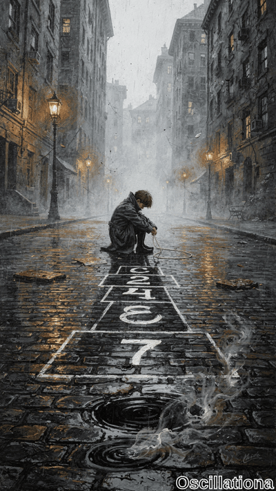 Melancholic digital painting of a rain-drenched cobblestone alley between weathered brick…