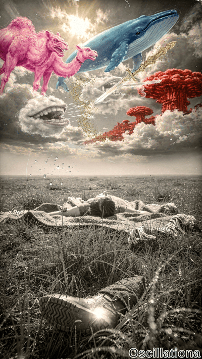 Surreal psychedelic collage: floating two-headed pink camel & blue whale with golden swor…