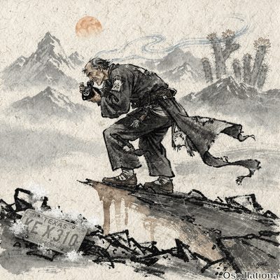 Surreal sumi-e ink wash on textured washi paper: elderly ronin in tattered kimono crouche…