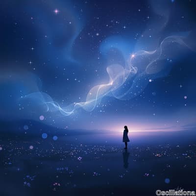 A serene, dreamlike landscape under a starry night sky, dominated by deep blues and purpl…