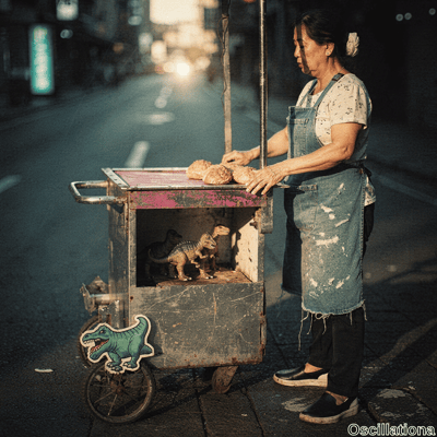 Elderly Thai woman in profile behind rusty metal street food cart at dusk on urban road, …