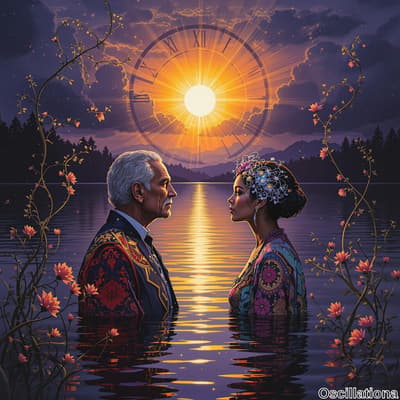 Two figures stand in shallow water at sunset, facing each other; a radiant sun casts vibr…