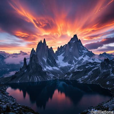 A serene mountain landscape at sunset or sunrise, featuring sharp, snow-capped peaks risi…