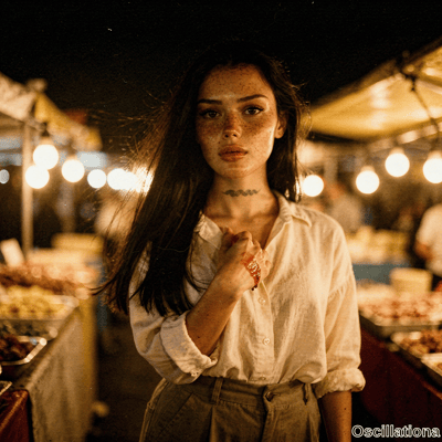 Cinematic portrait of freckled young woman with windswept dark hair intense eyes holding …