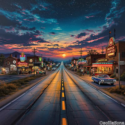 A nostalgic highway at dusk stretches into the distance with double yellow lines, flanked…