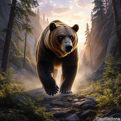 A large brown bear with thick, dark fur and prominent claws walks towards the viewer in a…