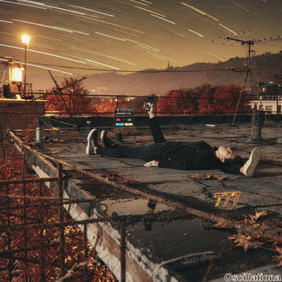 Long-exposure dusk rooftop scene: young man with short dark hair lies relaxed on leaf-str…