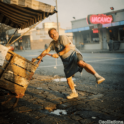 Candid golden-hour street photo of a sweaty, weathered middle-aged man with gray hair and…