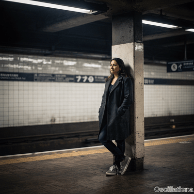 A 30s woman with dark wavy hair leans against pillar on empty subway platform, hands in g…